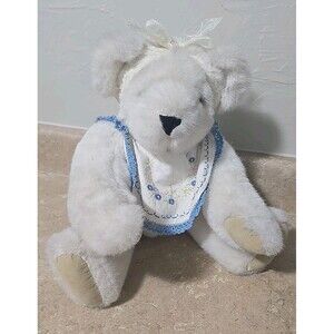 1992 The Vermont Teddy Bear Company White Jointed Bear With Bib Bow Tea Party